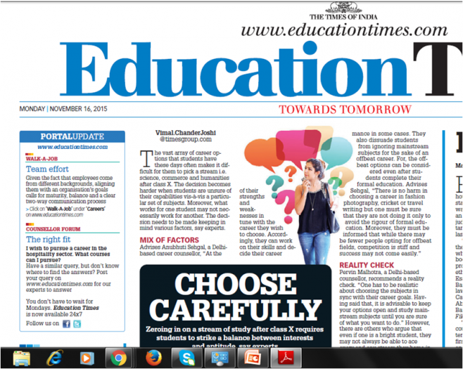 Choosing careers carefully: Dr Anubhuti Sehgal Education Times Times of India 16th Nov 2015